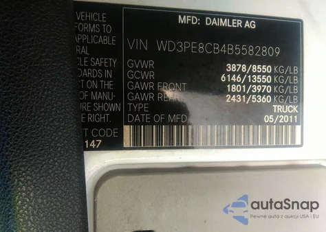 2011 Mercedes-Benz Sprinter 2500 High Roof из США, поврежденный, VIN WD3PE8CB4B5582809